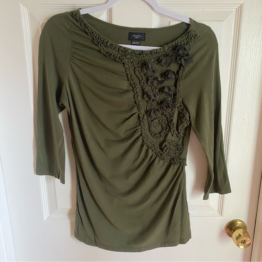 Anthropologie Deletta Green Floral Applique 3/4 Sleeve Shirt Medium